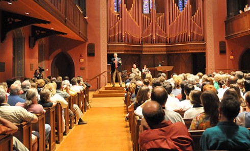 Wesleyan President Michael S. Roth '78 speaks to Class of 2013 students and families Sept. 1 in the Memorial Chapel. An outdoor reception followed the president's remarks and concluded Arrival Day 2009.