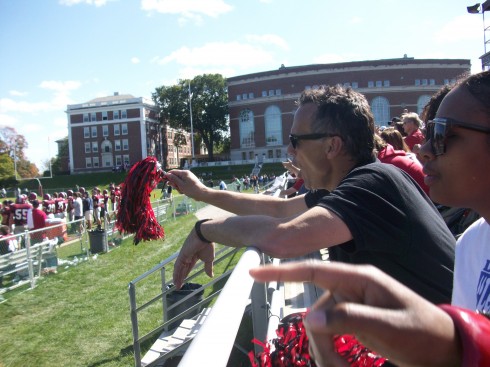 Wesleyan President Michael Roth joins the WesPep group during the Sept. 26 football game against Tufts. 