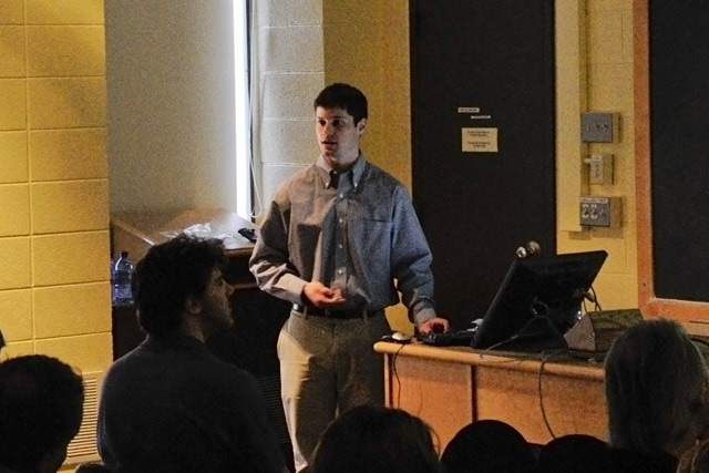 Dan Austin '08 speaks to students and faculty on "Research opportunities before graduate/medical school: The national Institutes of Health IRTA Post-Baccalaureate Fellowship," during the second Neuroscience and Behavior Symposium Feb. 20 in Exley Science Center. Austin was one of five NS&B alumni who returned to campus to speak at the symposium. While a student, Austin received university honors, the CBIA/CURE Bioscience Fellowship; and the Hawk Prize in Chemistry. 