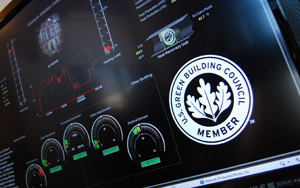 A dashboard, mounted in the Allbritton Center, compares energy use to other spaces on campus. The Allbritton Center is "Gold Certified" based on the Leadership in Energy and Environmental Design (LEED) standards.
