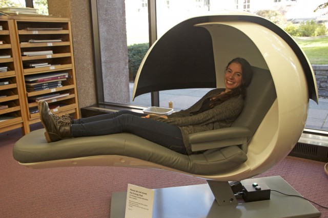 Emma Gross '15 tries out one of Wesleyan's new EnergyPods in the Science Library Oct. 18. 