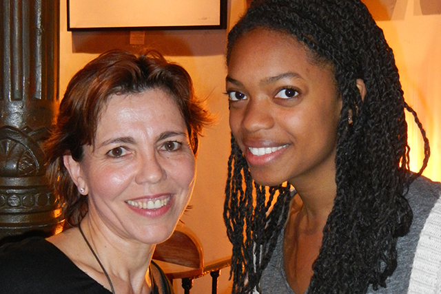 In Madrid, Wesleyan and the Vassar-Wesleyan Program in Madrid hosted a reception at Café Galdós, a tapas bar. Pictured is Pepa Eizaguirre, assistant director and program alumna Lesley Faulkner '11. 