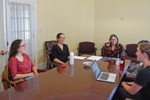 Fellow Rani Arbo works with "Earth Out Loud" student interns Tess Altman '17, Tessa Bellone '16, Megan Nash '14 and Aviva Hirsch '16.