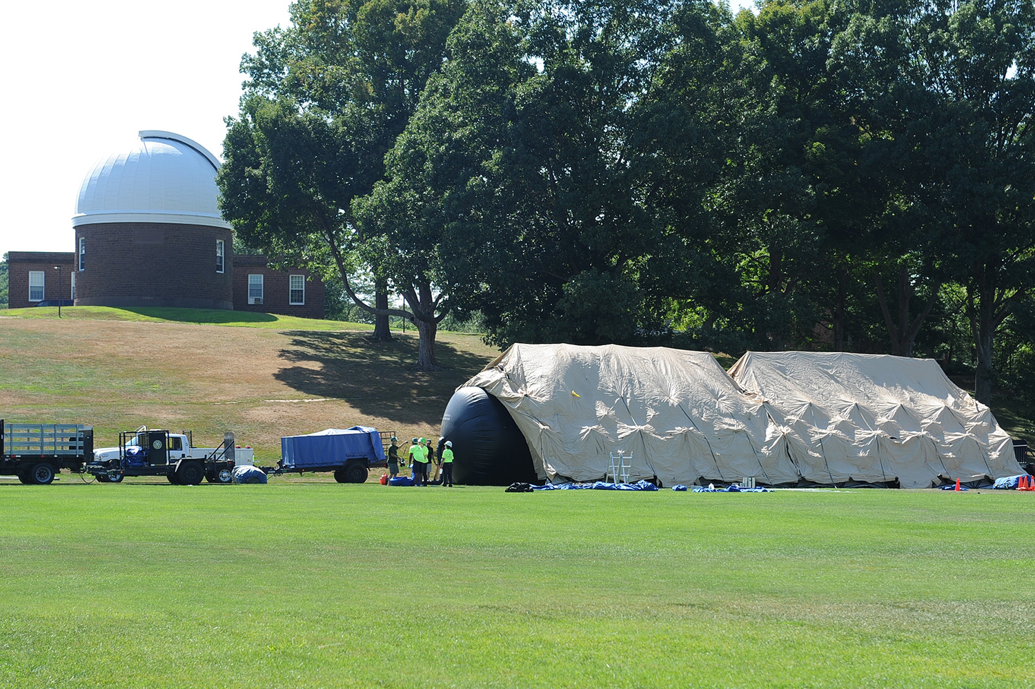 On Aug. 3, more than 20 Wesleyan employees helped erect a tent that could be used as a mobile hospital in the event of an emergency situation. Members of Wesleyan’s Campus Community Emergency Response Team (C-CERT) constructed the mobile unit with guidance from Middletown Emergency Management and Middletown Fire Department.