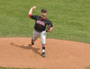 Gavin Pittore pitching for Wesleyan in Spring 2015.