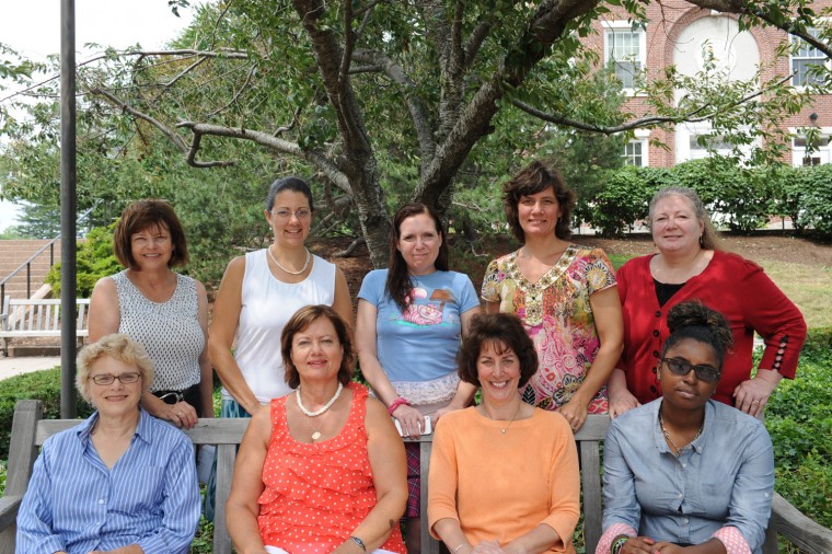 Members of Wesleyan's Green Team: (back row, l to r) Blanch Meslin, Dawn Alger, Anika Dane, Anita Deeg-Carlin, Roslyn Carrier-Brault; (front row, l to r) Liz Tinker, Olga Bookas, Valerie Marinelli, Jayana Mitchell.