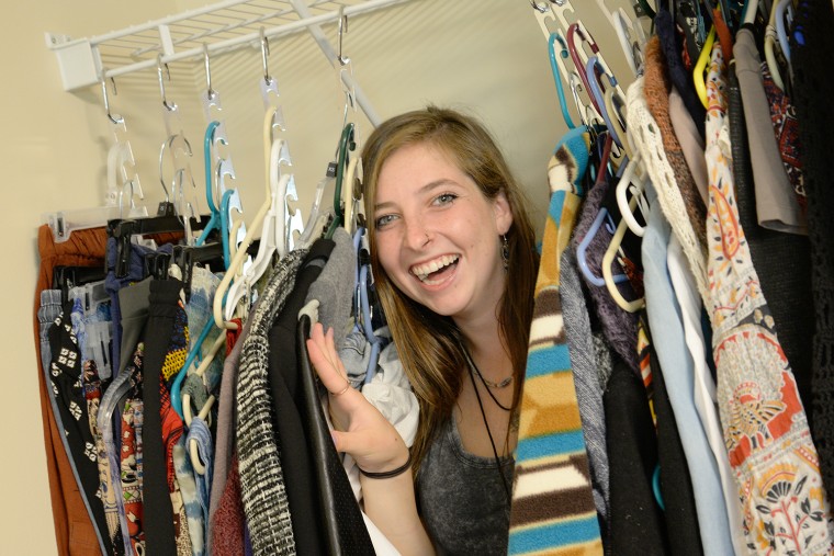 Angel Martin '19 packed more than 70 outfits into her Bennet Hall closet. "I have so many more clothes than need to go in the dresser, too."
