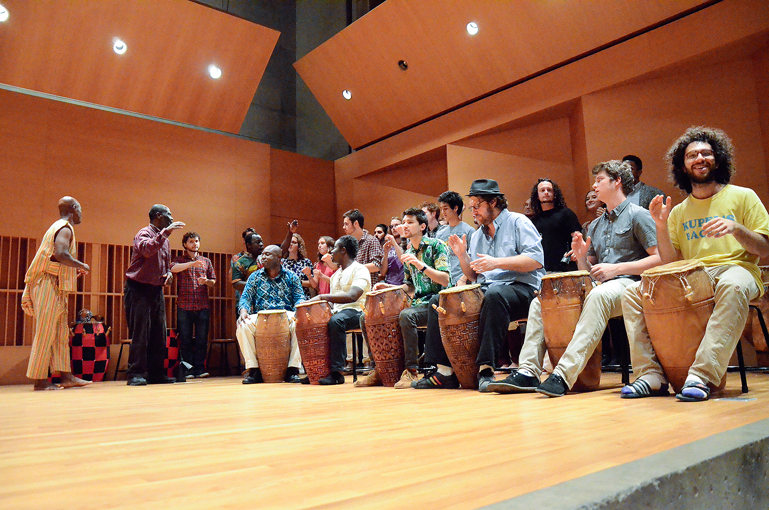 Participants in the West African Drumming and Dance workshop performed in Crowell Concert Hall on Nov. 7, with retiring Adjunct Professor of Music Abraham Adzenyah and alumni accompanying on drums. Current Wesleyan students also performed. (Photo by John Van Vlack)