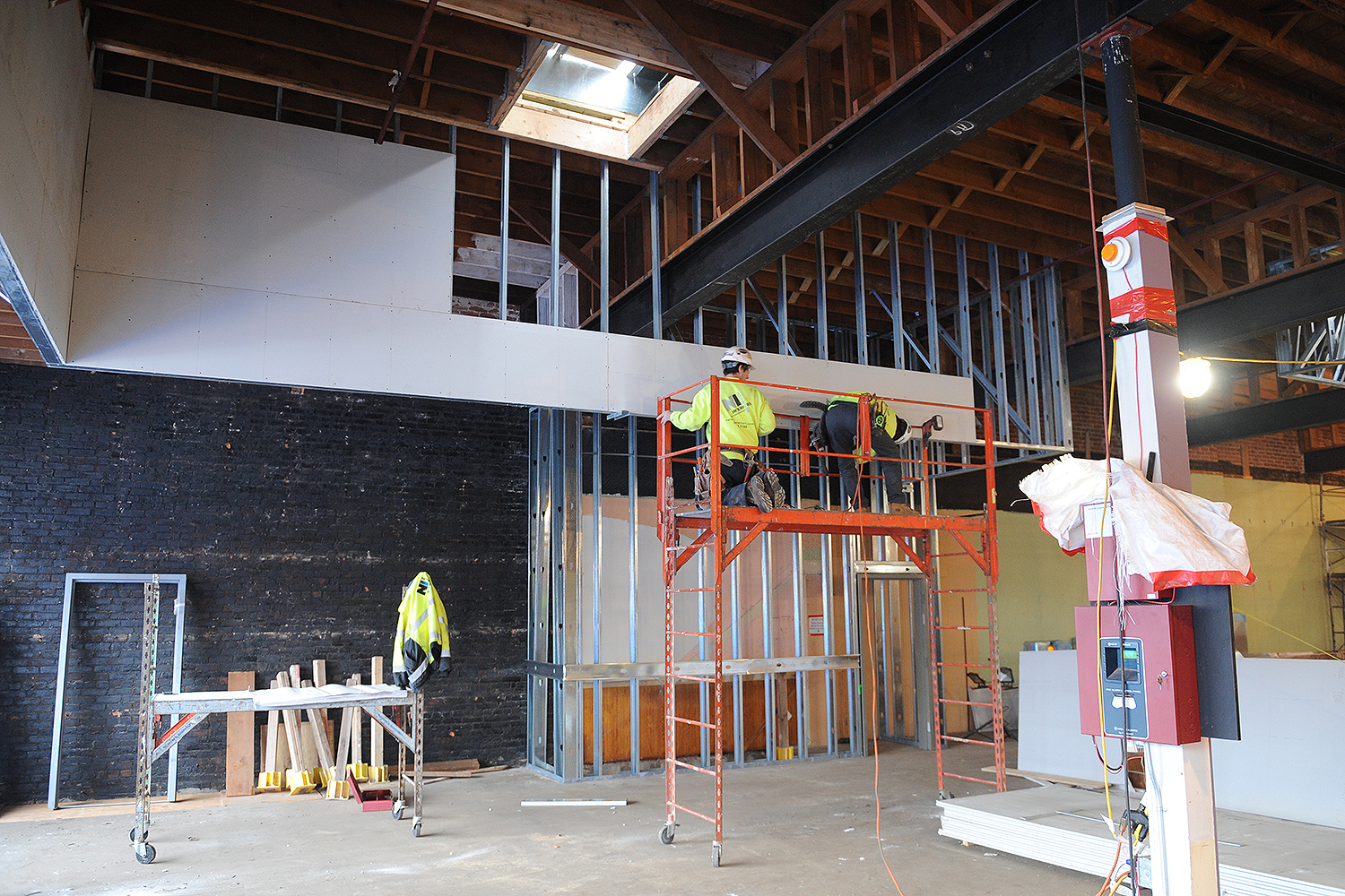 Crews drywalled the front section of the bookstore on March 7, 