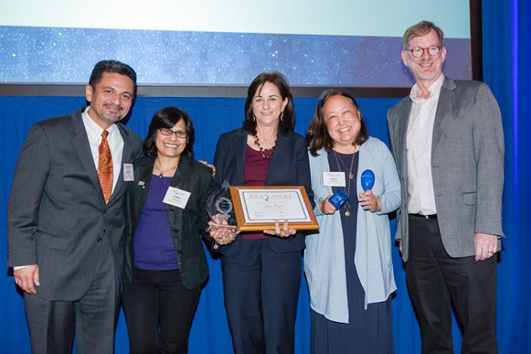 From left, Antonio Farias, Ishita Mukerji, Jan Naegele, Joyce Jacobsen and Joe Knee attended the Connecticut Technology Council Women of Innovation® awards dinner on March 29.