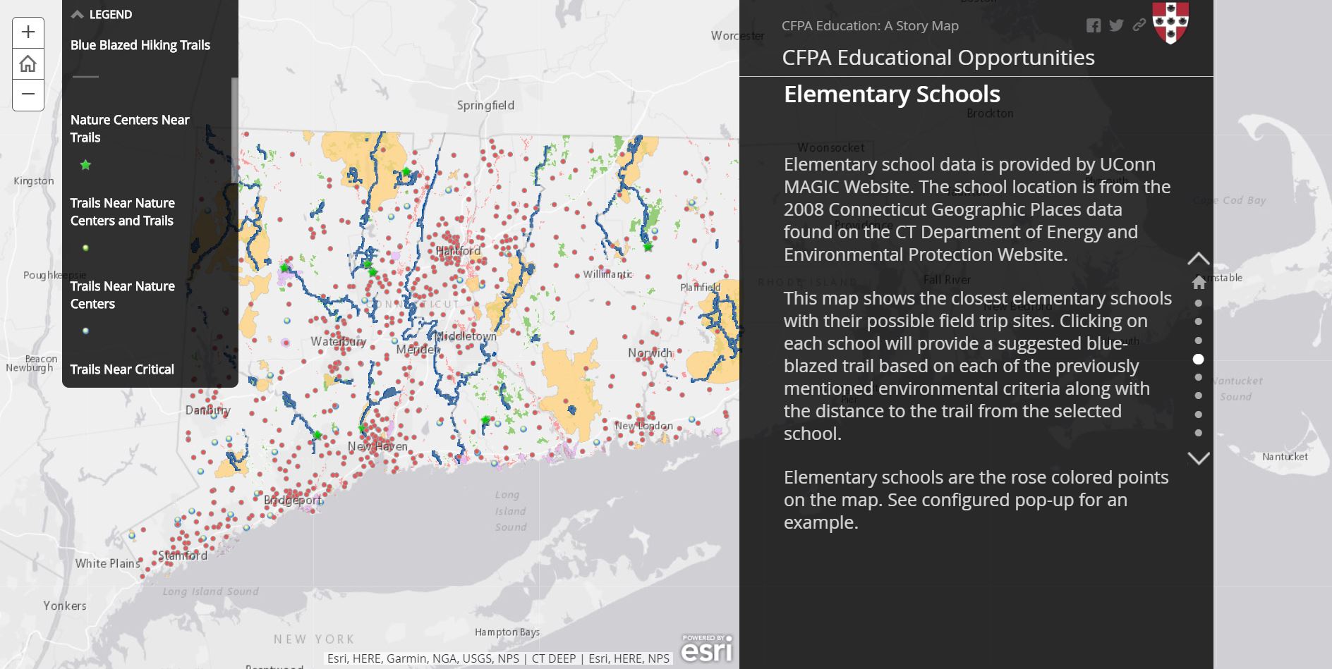 The education group created a Story Map titled "CFPA Educational Opportunities." The map shows locations of elementary schools throughout the State of Connecticut that are close to a blue-blazed trail. The trail could serve as a possible field trip site. Group members included Tyler Barnes ’18, Sara Bennett ’18, Mariel Hohmann ’18, Sage Loomis ’18 and Paul Franceschi ’19.