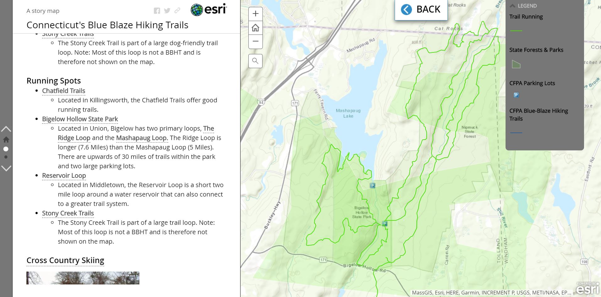 The recreation group designed a Story Map titled "Connecticut’s Blue-Blazed Hiking Trails. The Blue Blaze Hiking Trails are a series of trails throughout the state totaling 825 miles in distance. Team members Rhoen Fiutak ’19 and Sarah Mount ’20 created a Story Map that offers a glimpse of recreational sites near the trail system.