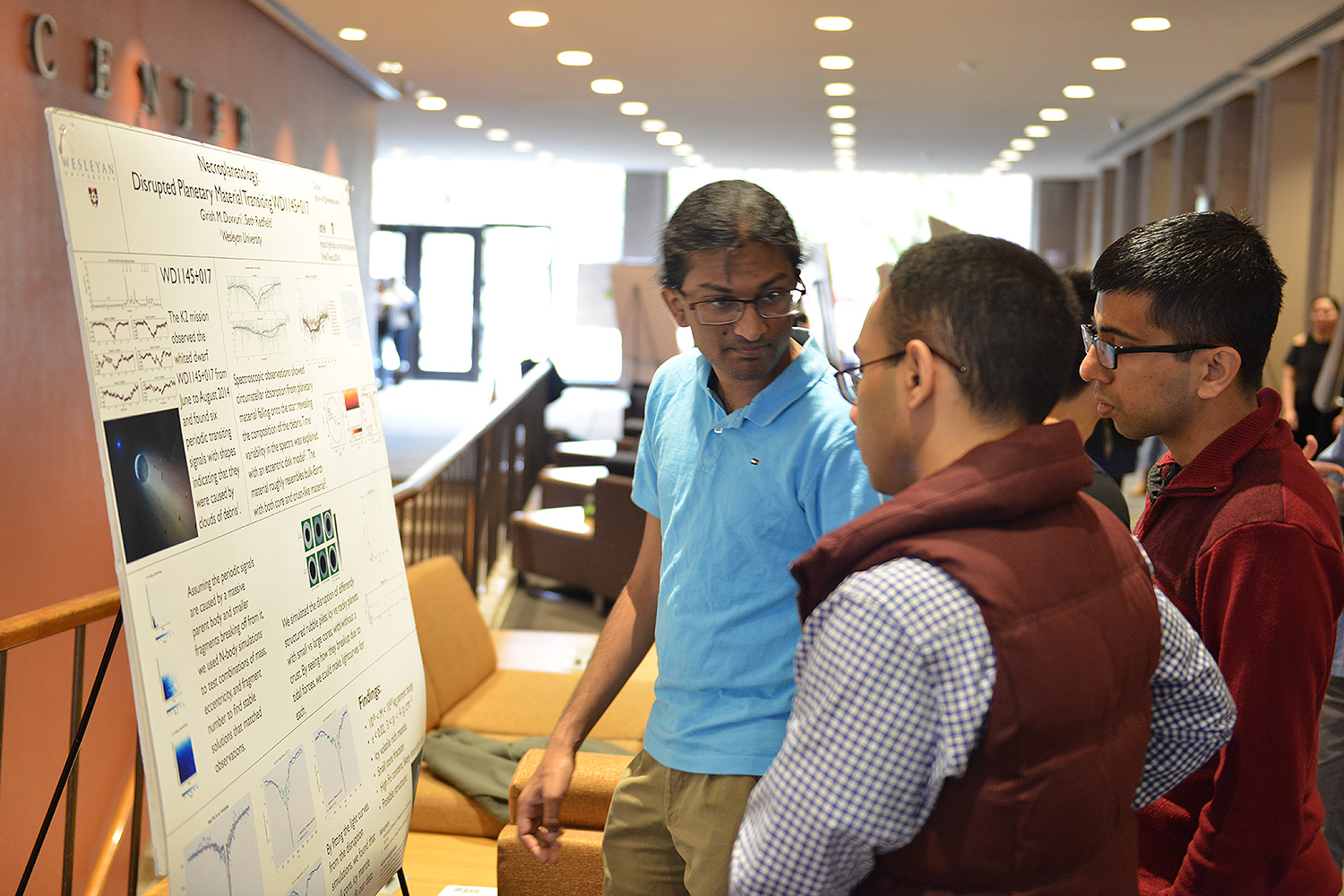 Girish Duvvuri ’17 presented his research titled “Necroplanetology: Disrupted Planetary Material Transiting WDII45+017.” His advisor is Seth Redfield, associate professor of astronomy.