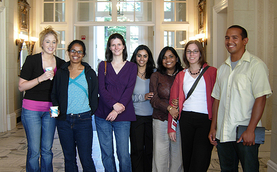 Molecular biology and biochemistry Ph.D candidates Rebecca Ryznar, Asmitha Lazarus, Lorry Grady, Tina Motwani, Sanchaita Das, Sarah Auclair and biology Ph.D candidate Will Gladstone pose for a photo at the event. The retreat was attended by faculty and students in the Molecular Biology and Biochemistry Department, the Chemistry Department, the Physics Department, the Biology Department and the Integrative Genomic Sciences Program.