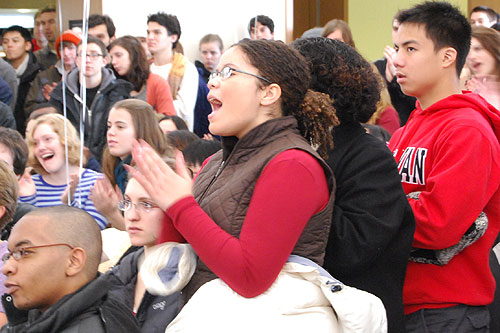 Marjorie Rivera '12 shouts and applauds Obama's speech. (Photo by Olivia Bartlett)