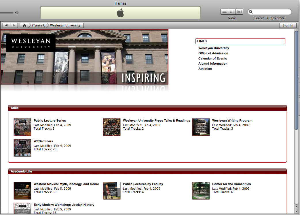 Wesleyan's content on iTunes U comprises more than 100 tracks available for download.