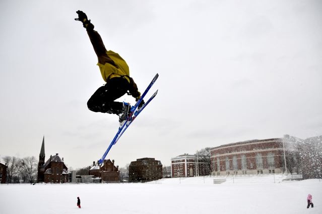 Telemark skiier George Bennum '09 hits a jump on Foss Hill March 2 following a winter storm. (Photo by Jacon Mayer '10)