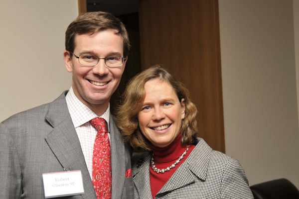 Robert Allbritton '92 shares a hug with Barbara-Jan Wilson, vice president for University Relations.