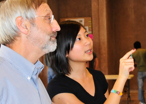 Shuk Kei Cheng '09 talks to David Bodznick, dean of Natural Sciences and Mathematics, professor of biology, professor of neuroscience and behavior, about her project titled "Anodic Oxidative Functionalization of Tolune Derivatives."