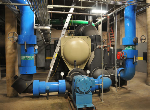 A new 1,500-ton centrifugal chiller in the Central Power Plant uses half the electricity as the one it replaced. The chiller replacement is one reason that Association of Energy Engineers awarded Wesleyan the 2009 Region I Energy Project of the Year Award. 