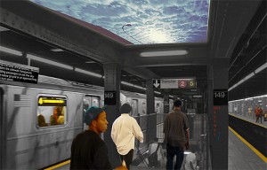As part of the Grand Concourse Beyond 100 urban planning project, Angus McCullough '10 designed the MTA "Skyway." By using cameras and projectors, the Skyway renders the sidewalk transparent, enabling passengers to see the sky from the platform below or an approaching train from above. 