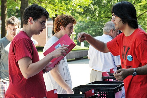 Residential Life staff handed out first-year-student information packets. 