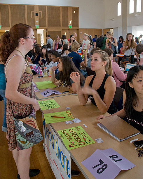 A student seeks information on the Terpsichore Dance group. Once a semester, Terpsichore mounts a full student dance concert with the goal of including as many students as possible. Any student, regardless of previous dance experience, may either apply to choreograph or audition to dance with a high chance of being accepted into the show.