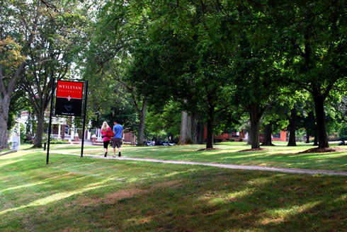 Wesleyan students stroll down College Row on their first day of school. (Photos by Stefan Weinberger '10)