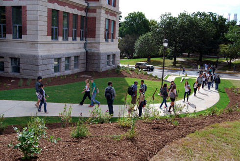 Students pass by the new Allbritton Center for the Study of Public Life. 