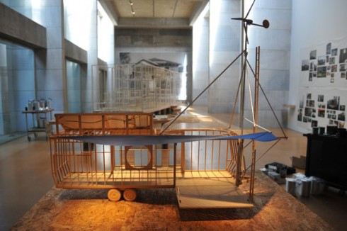 An accompanying exhibit, titled "Emergency Response Studio: Process," in Zilkha Gallery, looks at the ideas, materials, and construction that went into realizing ERS. It features a full-scale mockup of a 30-foot FEMA trailer that viewers can enter to experience the confining nature of the trailer's interior prior to the artist's transformation. A scale model of the life-size mockup, shows initial plans for what ERS might become. 