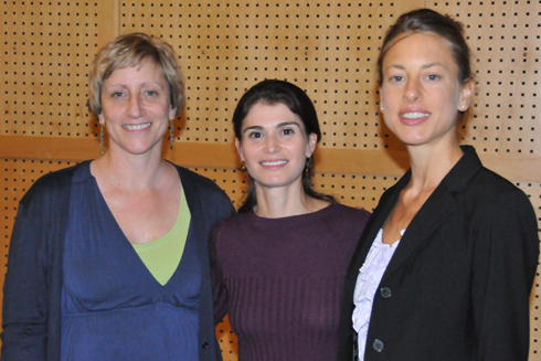 From left, Laura Grabel, the Lauren B. Dachs Professor of Science and Society and Professor of Biology stands with Jessica Gerstle,  the filmmaker of The Accidental Advocate, and Laura Stark, assistant professor of science and society and assistant professor of sociology.  Stark arranged for the film about one family's personal journey with stem cell research and politics to be screened in the Powell Family Cinema on Oct. 7.