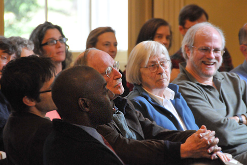 In front, from left, Demetrius Eudell, associate professor of history, associate professor of African American studies, director of the Center for African American Studies; Jerry Wensinger, the Marcus L. Taft Professor of German Language and Literature and Professor of the Humanities, emeritus; Helen Reeve, professor emeritus from Connecticut College; and Joe Rouse, the Hedding Professor of Moral Science, professor and chair of the Science in Society Program, professor of philosophy; were among the conference's attendees. Eudell also led a talk titled "After the Humanities? Or After the episteme?: Toward a Humanism Made to the Measure of the World."