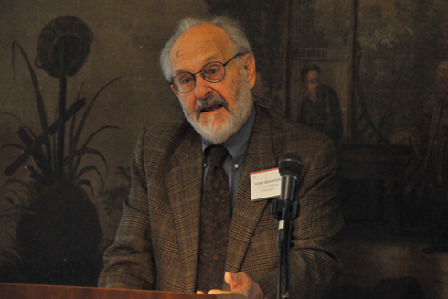 Victor Gourevitch, professor of philosophy, emeritus (pictured), and Nancy Armstrong, the Gilbert, Louis and Edward Lehman Professor of English, Duke University, delivered comments following Roth's talk.  The conference was titled "After the Humanities."