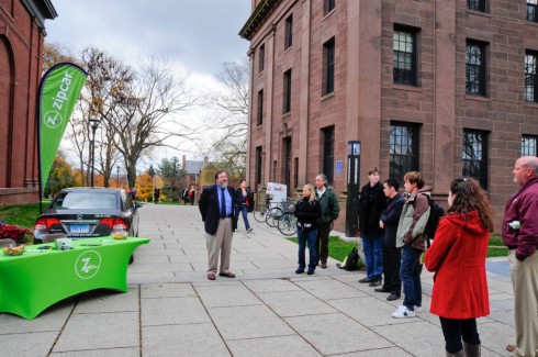 John Meerts, vice president for finance and administration, thanks members of the Wesleyan Student Assembly for bringing the new Zipcar to campus. Zipcar is the world’s largest car-sharing service and provides students with a convenient, economical and environmentally-friendly alternative to having a car on campus. 