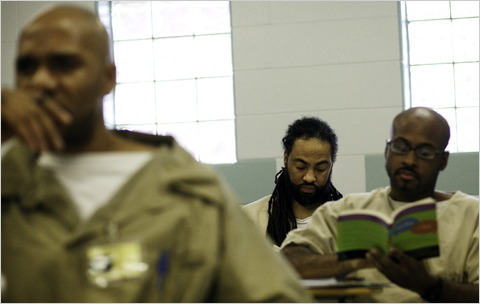 Inmates at the Cheshire Correctional Institution in Cheshire, Conn. are taking lecturer Beth Richards "The English Essay" this semester through the Wesleyan Center for Prison Education program. Over the next two years, 19 incarcerated students will pursue a broad curricular sequence of undergraduate courses in the humanities, natural and social sciences. (Photo by Christopher Capozziello for The New York Times)