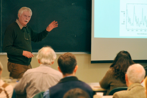 Jelle Zeilinga de Boer, the Harold T. Stearns Professor of Earth Science, Emeritus, presented "Stories in Stone: How Geology Influenced Connecticut History and Culture" Nov. 19 in the Exley Science Center. 