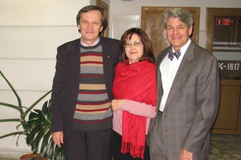 From left, Yuri Gildiuk, director of the Philharmonic Society; Olga Savitskaya, music art specialist, and Ronald Ebrecht, Wesleyan organist gather during a concert performance in Minsk, Belarus. 