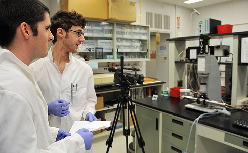 Molecular biology and biochemistry major Christopher Doucette '11 and graduate student F. Noah Biro also are featured in the JoVE video. The filmed experiments explain how they're able to monitor a protein binding with DNA by using a fluorescent 'reporter' marker. 