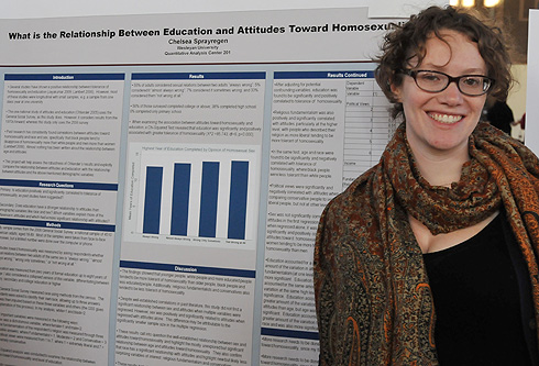 College of Social Studies major Chelsea Sprayregen '10 shared her poster titled "What is the relationship between education and attitudes toward homosexuality?"