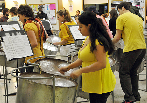 Student performers are enrolled in the MUSC course Steel Band, taught by Bill Carbone, private lessons teacher. The course teaches students primarily to perform, but also to discuss and analyze this specific music.