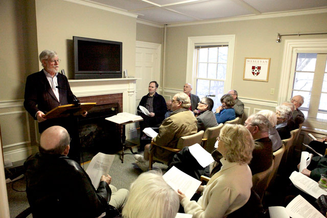 More than 35 people attended Lowrie's talk. Lowrie is the husband of Joyce Lowrie, professor of romance languages and literatures, emerita. He was the first Wasch Center guest speaker of the spring semester.  (Photos by Stefan Weinberger '10)