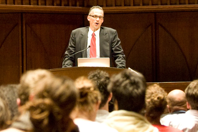 Wesleyan President Michael Roth welcomed the audience to the MLK Day Celebration following an excerpt of Dr. Marin Luther King Jr.'s Baccalaureate Address June 7, 1964. 