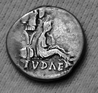 The coin shows a mourning female Jewish woman, seated under a palm tree or trophy.