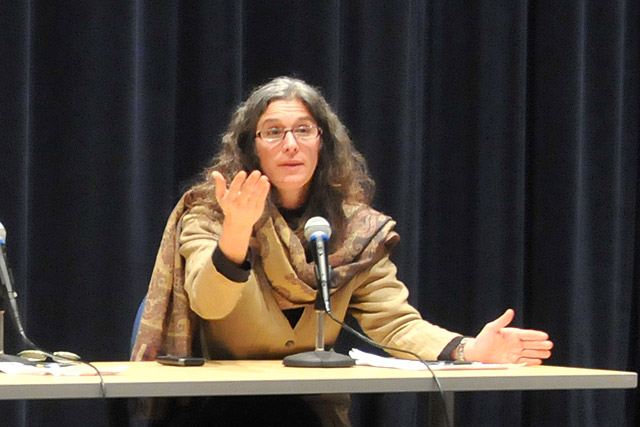 Lori Gruen, associate professor of philosophy, associate professor of feminist, gender and sexuality studies, speaks during a symposium titled "Stem Cells into the Clinic: Biological, Ethical and Regulatory Concerns," Jan. 28 in the Goldsmith Family Cinema. The event was sponsored by the Dachs Chair, the Faust Lectures in Ethics, and the Ethics in Society Project.