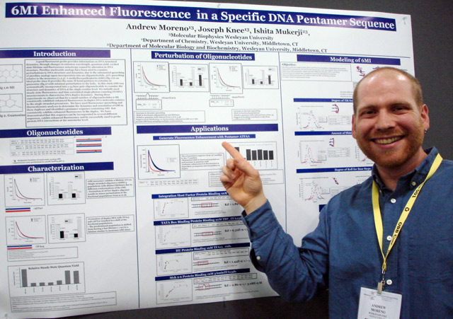 Graduate student Andrew Moreno presented his research titled, "6MI Enhances Fluorescence in a Specific DNA Pentamer Sequence." Moreno's advisors are Ishita Mukerji and Joseph Knee, chair and professor of chemistry. 