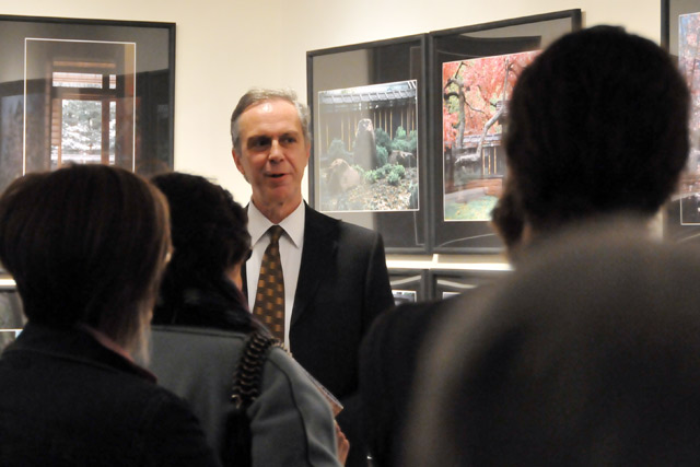 Patrick Dowdey, curator of the Freeman Center for East Asian Studies, adjunct professor of East Asian Studies and anthropology, welcomed guests to the opening of "Shoyoan: Celebrating the Freeman Family Garden" March 31 in the Freeman Gallery. The exhibition features photographs, poetry and video that celebrate time and season in Wesleyan's Freeman Family Garden and Tatami Room. 