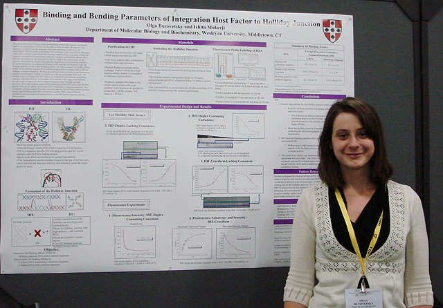 Several Wesleyan students presented their work at the Biophysical Society 54th Annual Meeting Feb. 20-24 in San Francisco, Calif. More than 6,000 scientists from academia, government and industry attended. Olga Buzovetsky '10, pictured, presented her poster titled "Binding and Bending Parameters of Integration Host Factor to Holliday Junction." Her advisor is Ishita Mukerji, professor of molecular biology and biochemistry. 