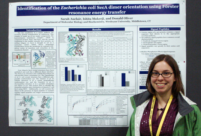 Graduate student Sarah Auclair presented her work titled, "Identification of the Escherichia coli SecA Dimer Orientation using Forster Resonance Energy Transfer." Her advisors are Ishita Mukeri and Don Oliver.