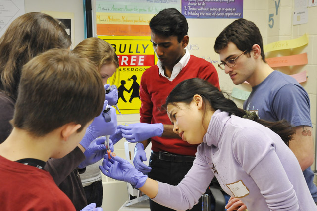 At right, Jegadish Gunasagaran ’11, Le Na Dang ’11 and Jacob Litke ‘10 participated a Minds in Motion program March 6 at Snow Elementary School in Middletown. The students taught fifth graders how to compare DNA from five different suspects taken from an imaginary crime scene. The Wesleyan undergraduates are students of Ishita Mukerji, professor of molecular biology and biochemistry.