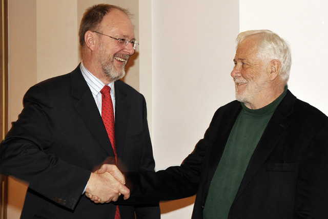 Wesleyan Board of Trustees Chair Joshua Boger ’73, P’06, P’09 established the Joshua Boger University Professorship of The Sciences and Mathematics as part of a $12M gift to Wesleyan. Pictured, at left, Boger congratulates David Beveridge, professor of chemistry, who is the first recipient of the chair appointment.
